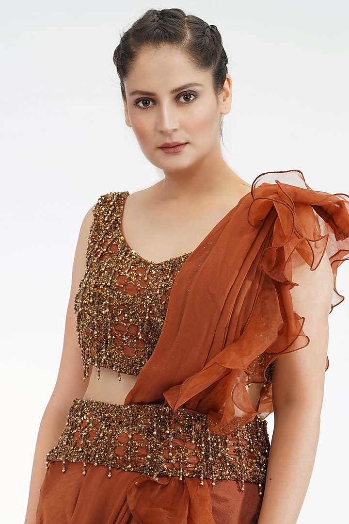Dark Cinnamon Dhoti Saree Set by Shruti S at Pernia's Pop Up Shop
