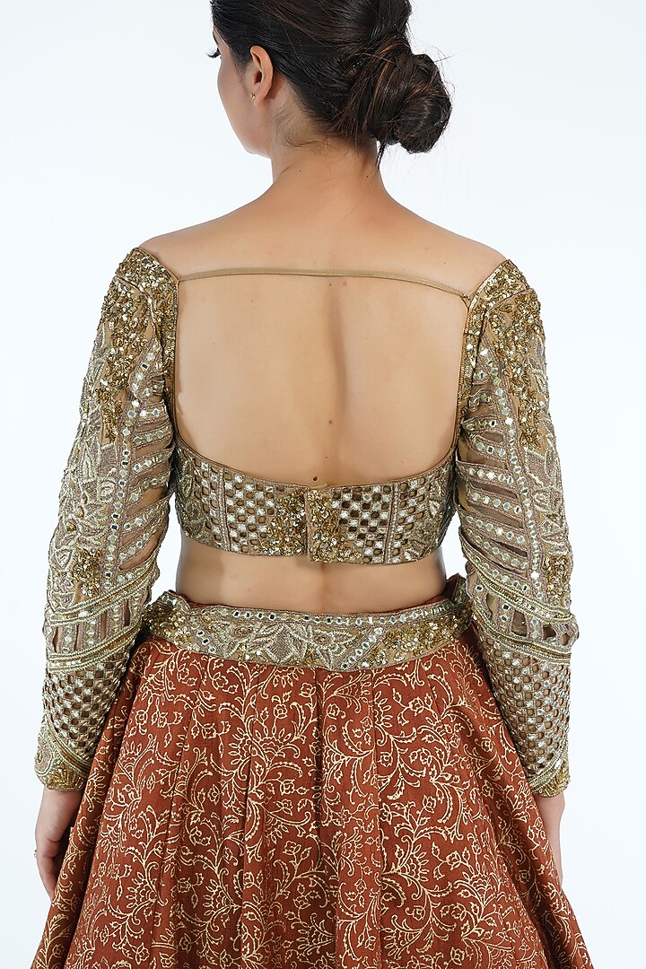 Dark Cinnamon Printed & Embroidered Wedding Lehenga Set by Shruti S at Pernia's Pop Up Shop