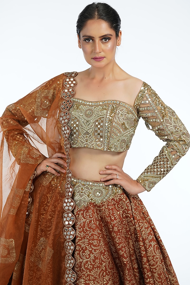 Dark Cinnamon Printed & Embroidered Wedding Lehenga Set by Shruti S at Pernia's Pop Up Shop