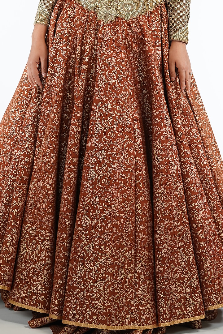 Dark Cinnamon Printed & Embroidered Wedding Lehenga Set by Shruti S at Pernia's Pop Up Shop