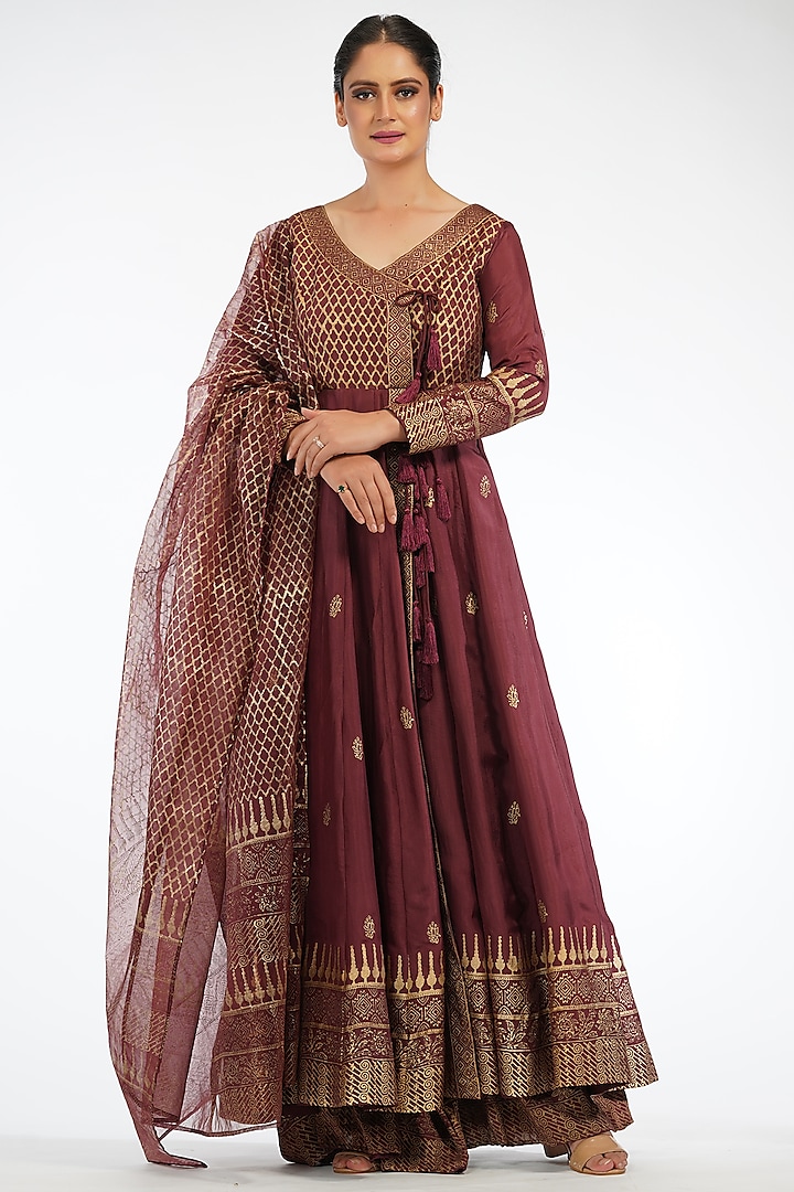 Chocolate Eclair Printed Angrakha Anarkali Set by Shruti S at Pernia's Pop Up Shop