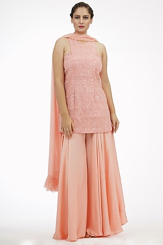 Peach Modal Satin Sharara Set by Shruti S