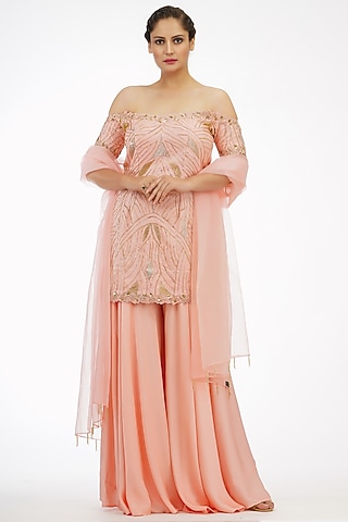 Peach Modal Satin Sharara Set by Shruti S