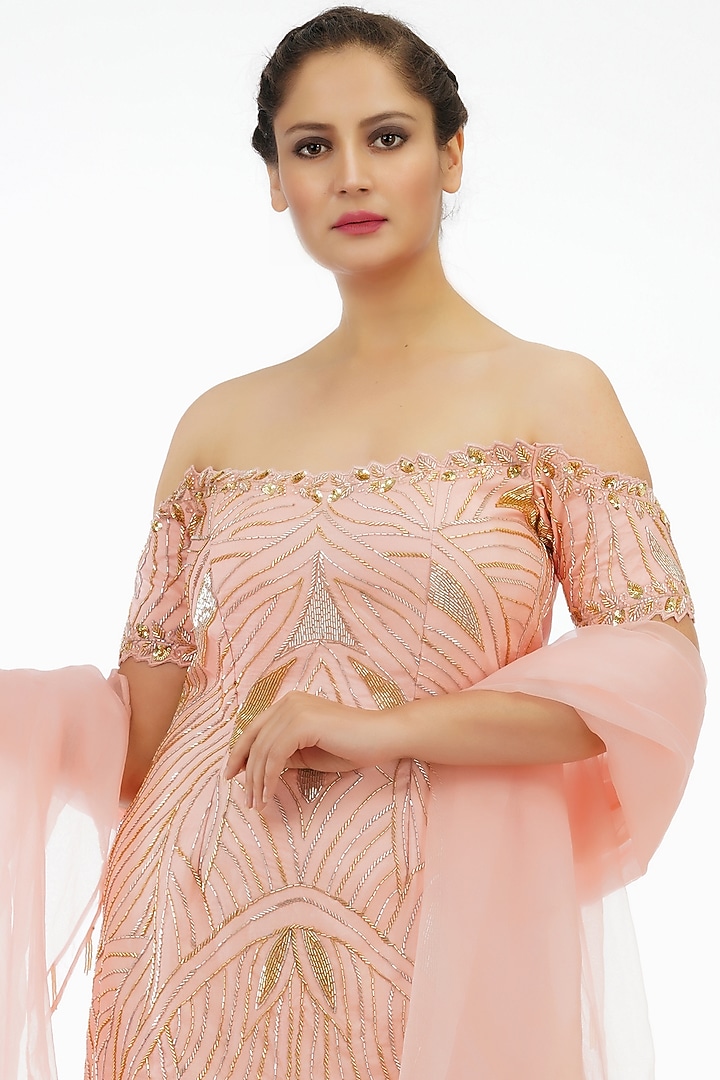 Peach Modal Satin Wedding Sharara Set by Shruti S at Pernia's Pop Up Shop