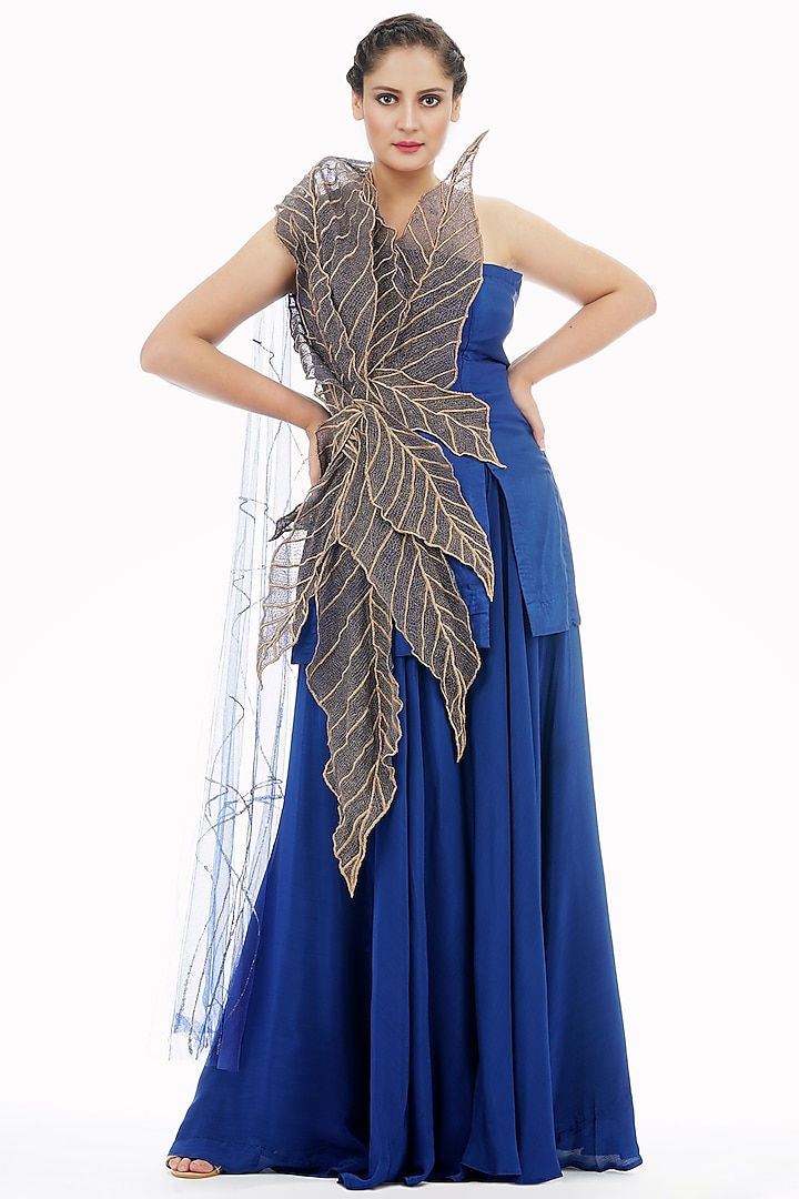 Deep Blue Crepe Wedding Sharara Set by Shruti S at Pernia's Pop Up Shop