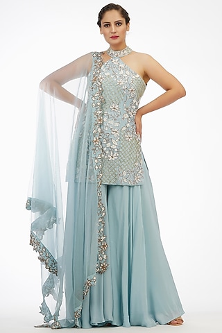 Ice Blue Crepe Sharara Set by Shruti S