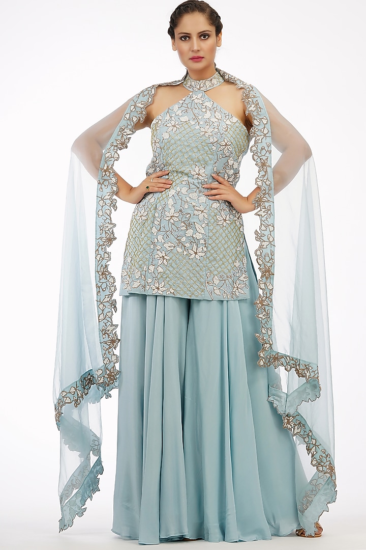 Ice Blue Crepe Wedding Sharara Set by Shruti S at Pernia's Pop Up Shop