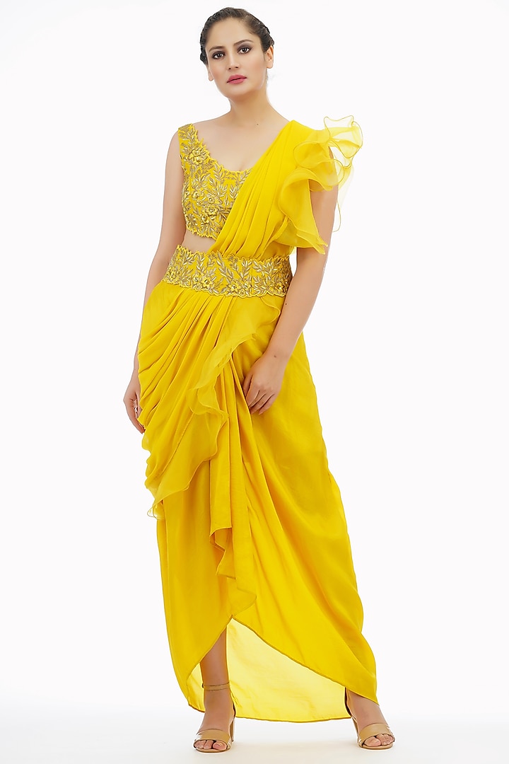 Yellow Draped Dhoti Set by Shruti S