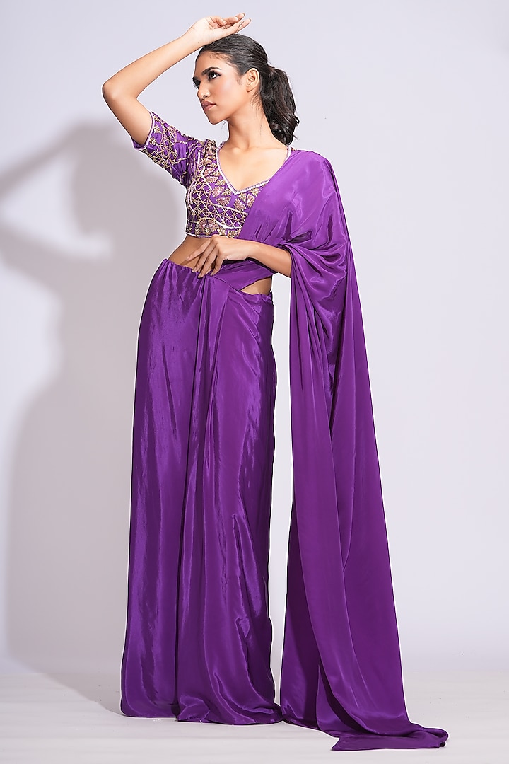 Purple Modal Satin Pre-Stitched Saree Set by Shruti S at Pernia's Pop Up Shop