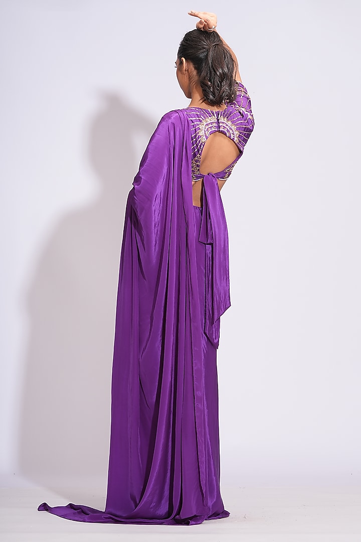 Purple Modal Satin Pre-Stitched Wedding Saree Set by Shruti S at Pernia's Pop Up Shop