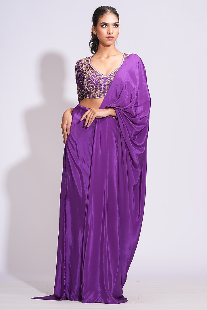 Purple Modal Satin Pre-Stitched Wedding Saree Set by Shruti S at Pernia's Pop Up Shop