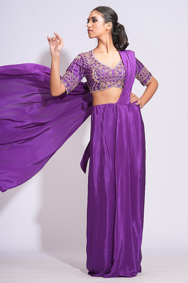 Purple Modal Satin Pre-Stitched Wedding Saree Set by Shruti S at Pernia's Pop Up Shop