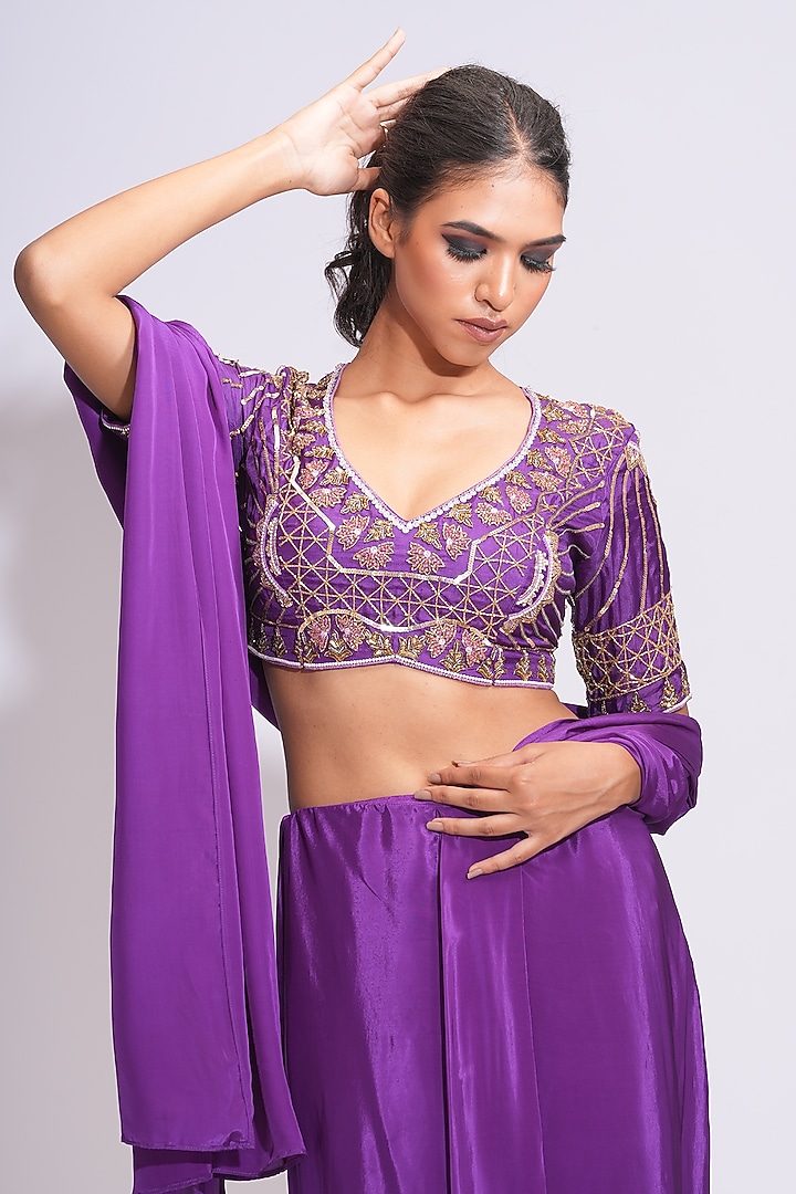 Purple Modal Satin Pre-Stitched Wedding Saree Set by Shruti S at Pernia's Pop Up Shop