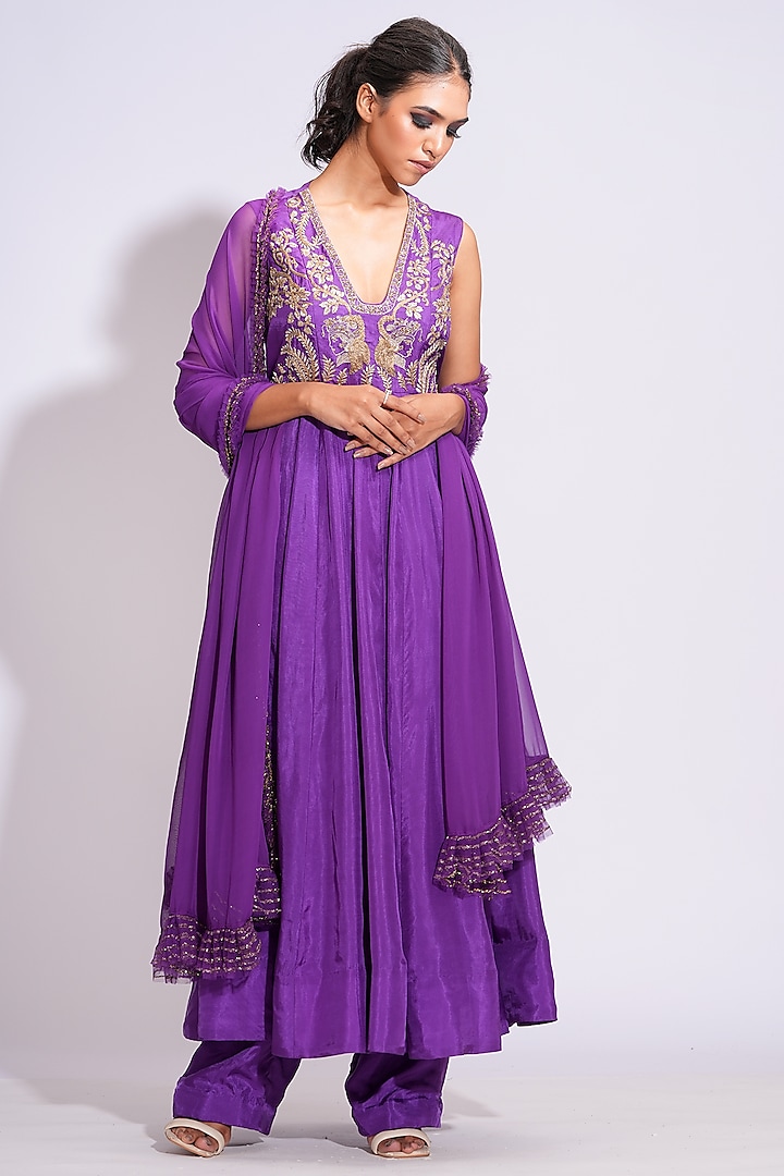 Purple Silk Dori Embroidered Anarkali Set by Shruti S at Pernia's Pop Up Shop