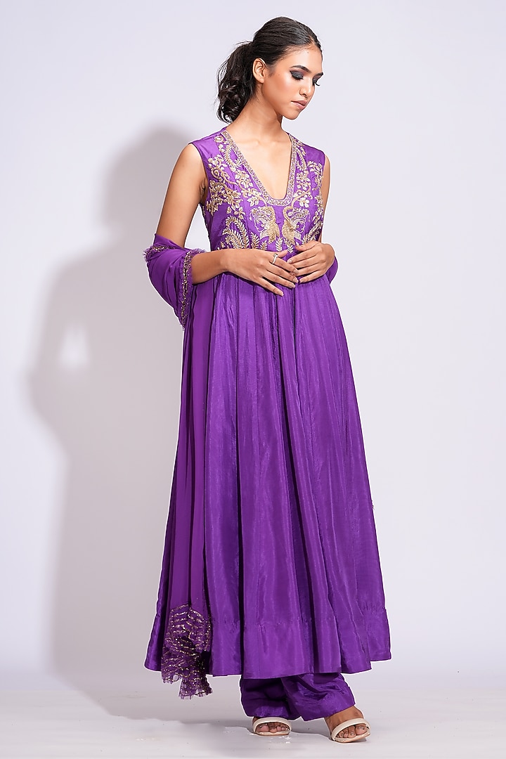 Purple Silk Dori Embroidered Wedding Anarkali Set by Shruti S at Pernia's Pop Up Shop