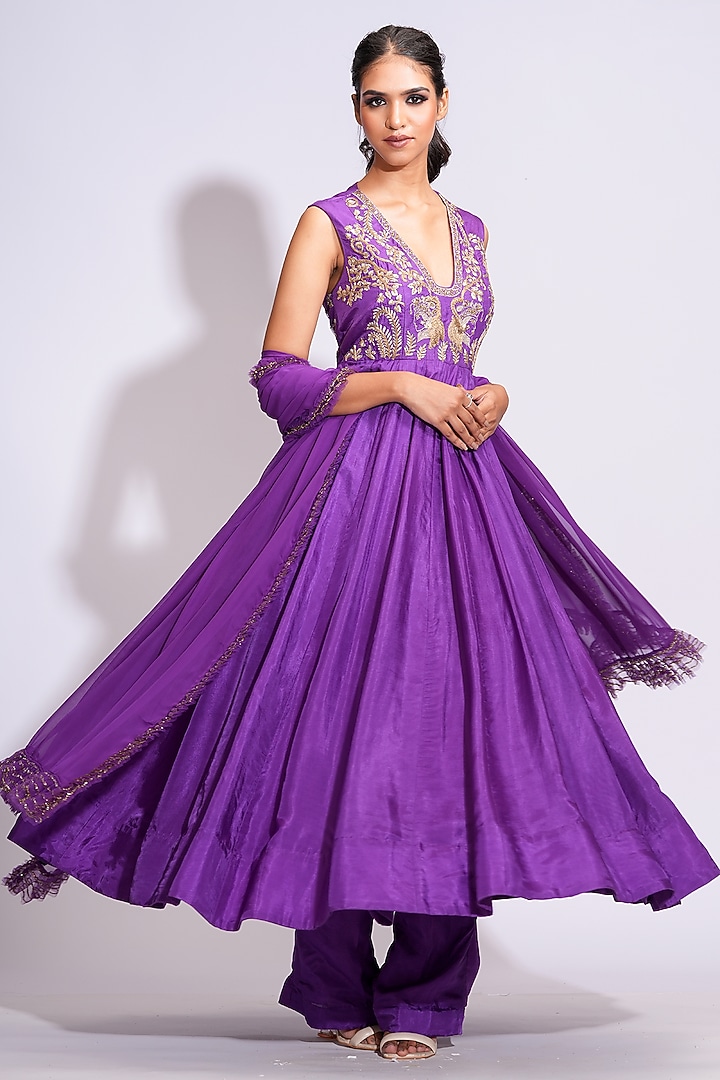 Purple Silk Dori Embroidered Wedding Anarkali Set by Shruti S at Pernia's Pop Up Shop