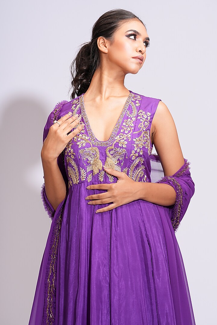 Purple Silk Dori Embroidered Wedding Anarkali Set by Shruti S at Pernia's Pop Up Shop