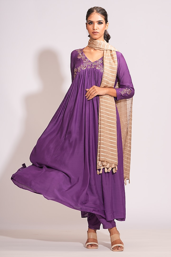 Purple Mulmul Cotton Sequins Hand Work Anarkali Set by Shruti S at Pernia's Pop Up Shop