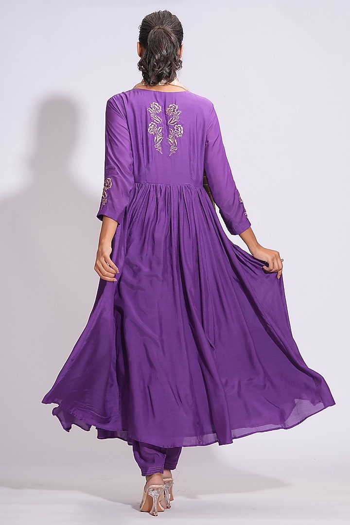 Purple Mulmul Cotton Sequins Hand Work Wedding Anarkali Set by Shruti S at Pernia's Pop Up Shop