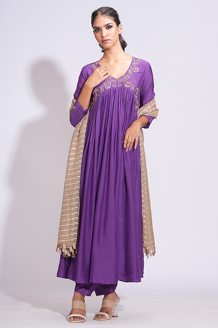 Purple Mulmul Cotton Sequins Hand Work Wedding Anarkali Set by Shruti S at Pernia's Pop Up Shop