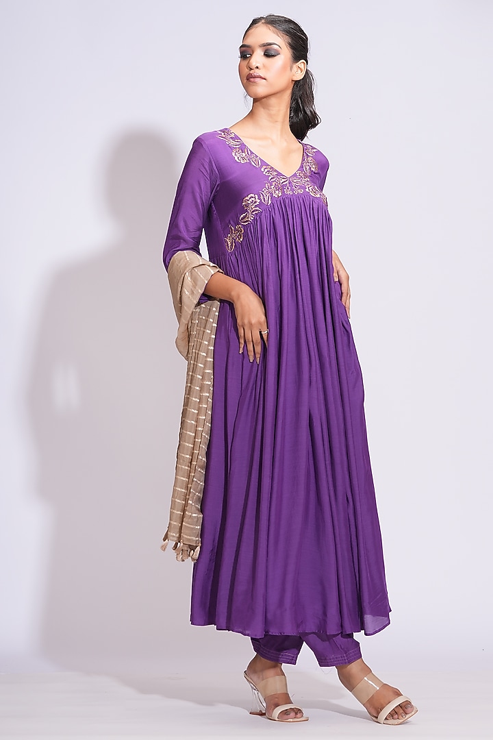 Purple Mulmul Cotton Sequins Hand Work Wedding Anarkali Set by Shruti S at Pernia's Pop Up Shop