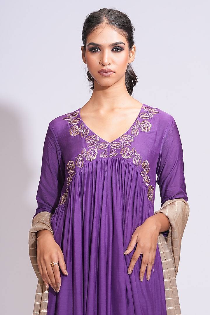 Purple Mulmul Cotton Sequins Hand Work Wedding Anarkali Set by Shruti S at Pernia's Pop Up Shop