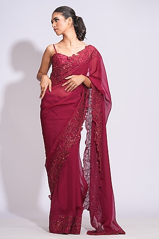 Red-Maroon Organza Sequins Embroidered Saree Set by Shruti S