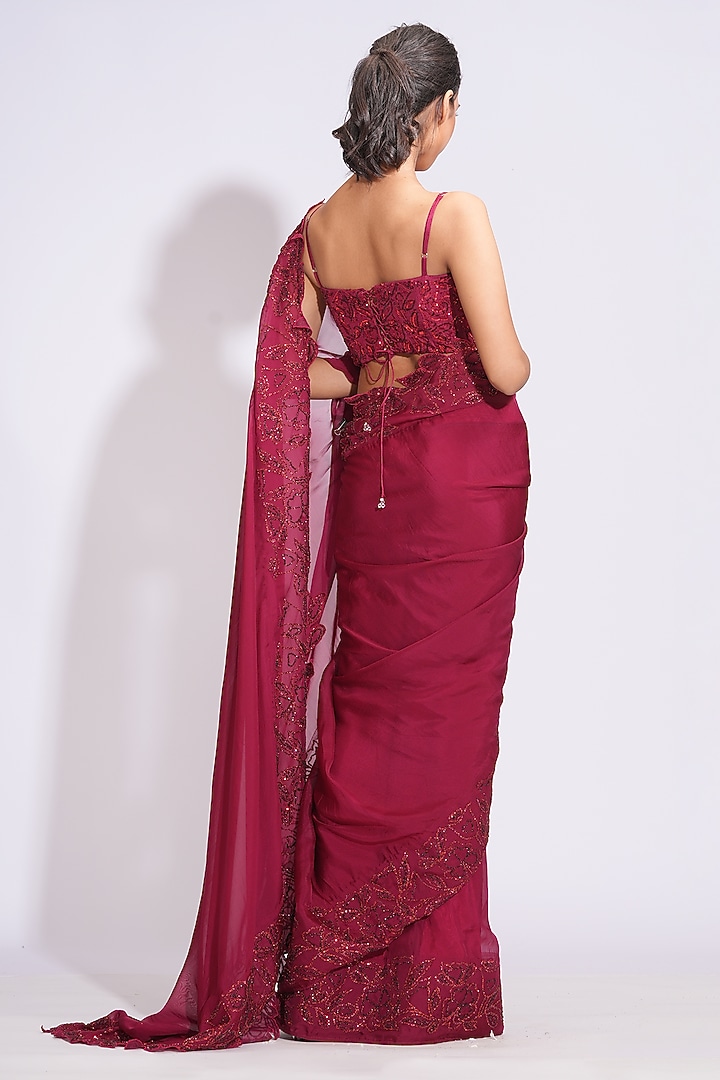 Red-Maroon Organza Sequins Embroidered Wedding Saree Set by Shruti S at Pernia's Pop Up Shop
