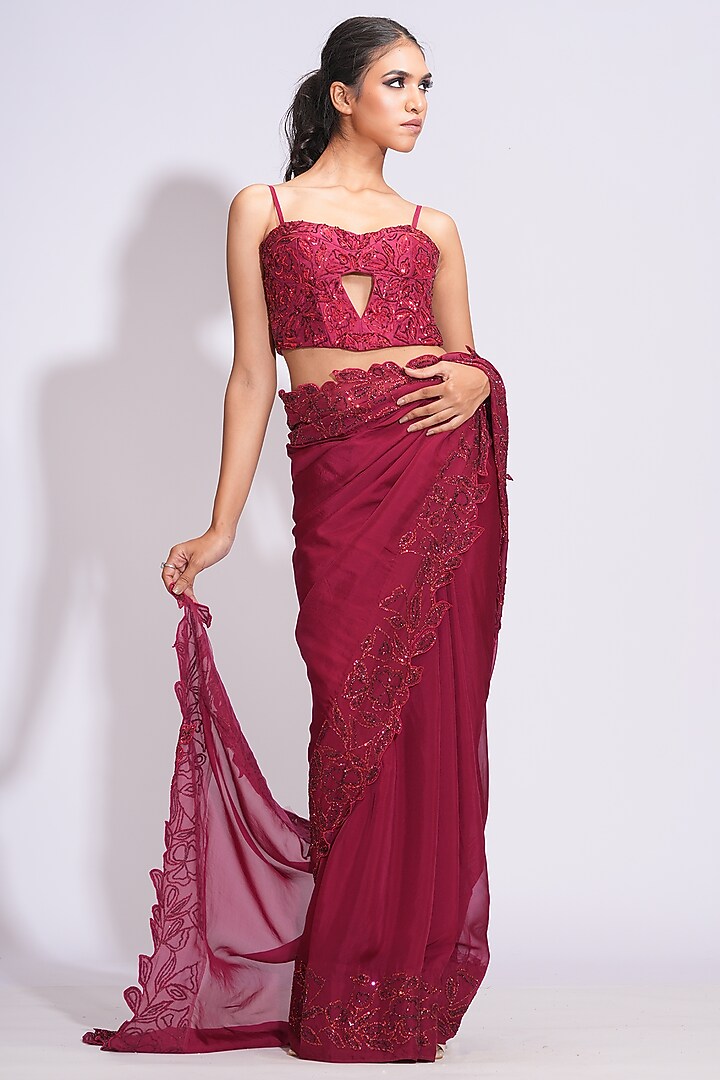Red-Maroon Organza Sequins Embroidered Wedding Saree Set by Shruti S at Pernia's Pop Up Shop
