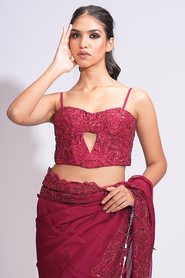 Red-Maroon Organza Sequins Embroidered Wedding Saree Set by Shruti S at Pernia's Pop Up Shop