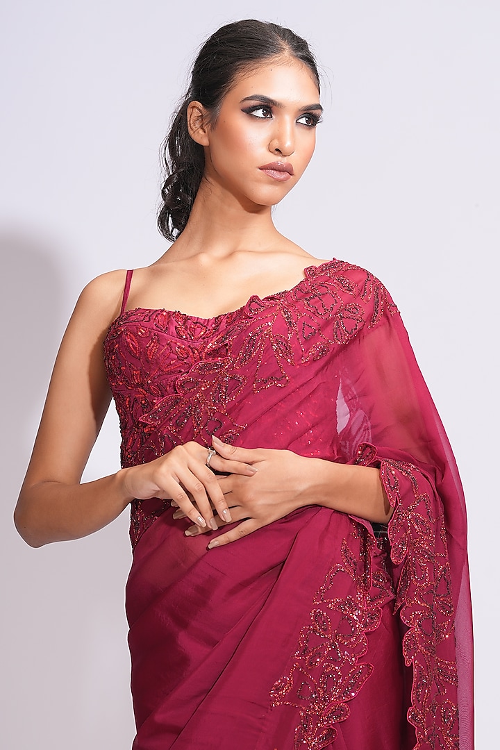 Red-Maroon Organza Sequins Embroidered Wedding Saree Set by Shruti S at Pernia's Pop Up Shop