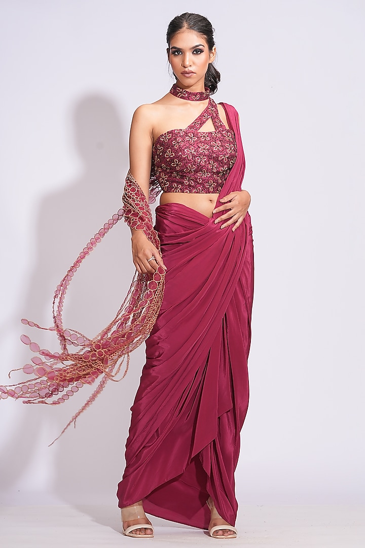 Maroon Crepe Draped Dhoti Skirt Saree Set by Shruti S at Pernia's Pop Up Shop