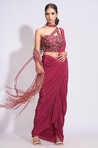 Maroon Crepe Draped Dhoti Skirt Saree Set by Shruti S
