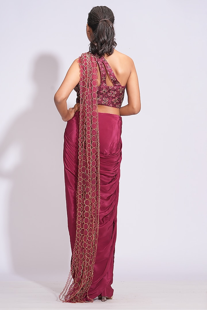 Maroon Crepe Draped Dhoti Skirt Wedding Saree Set by Shruti S at Pernia's Pop Up Shop