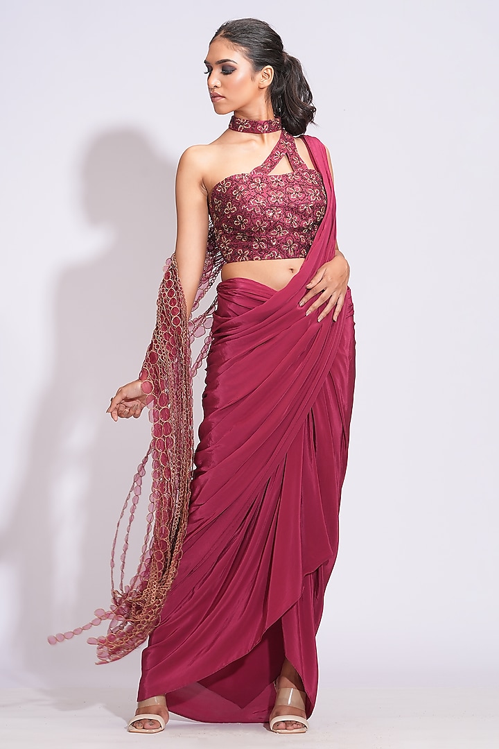 Maroon Crepe Draped Dhoti Skirt Wedding Saree Set by Shruti S at Pernia's Pop Up Shop