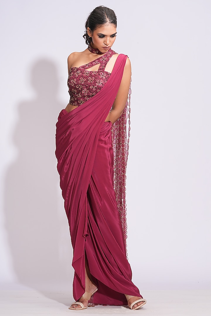 Maroon Crepe Draped Dhoti Skirt Wedding Saree Set by Shruti S at Pernia's Pop Up Shop