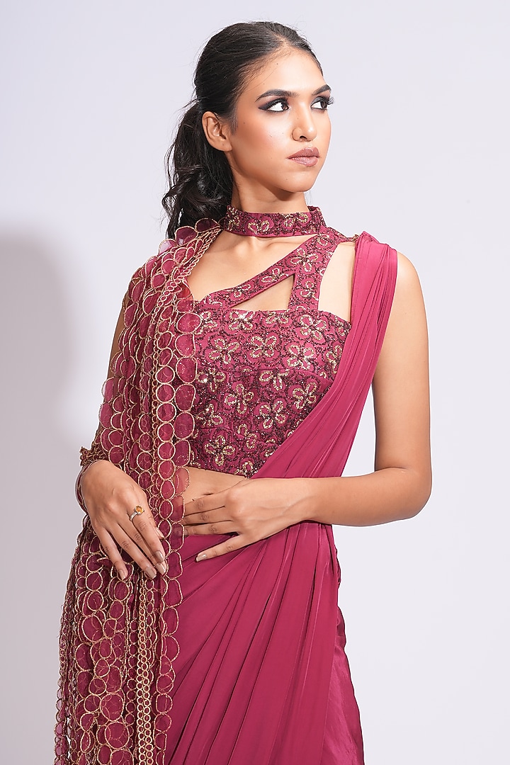 Maroon Crepe Draped Dhoti Skirt Wedding Saree Set by Shruti S at Pernia's Pop Up Shop