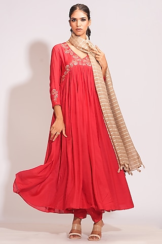Tomato Red Mulmul Cotton Zari Embroidered Anarkali Set by Shruti S