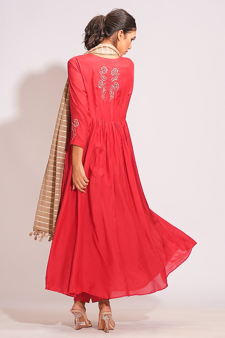 Tomato Red Mulmul Cotton Zari Embroidered Wedding Anarkali Set by Shruti S at Pernia's Pop Up Shop