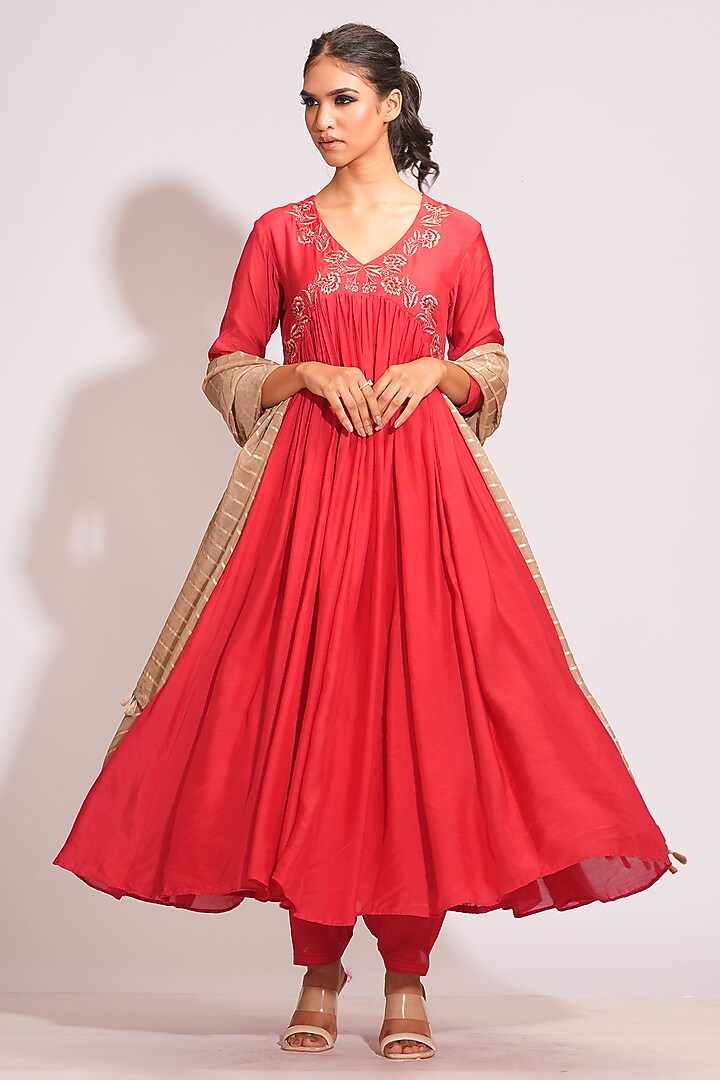 Tomato Red Mulmul Cotton Zari Embroidered Wedding Anarkali Set by Shruti S at Pernia's Pop Up Shop