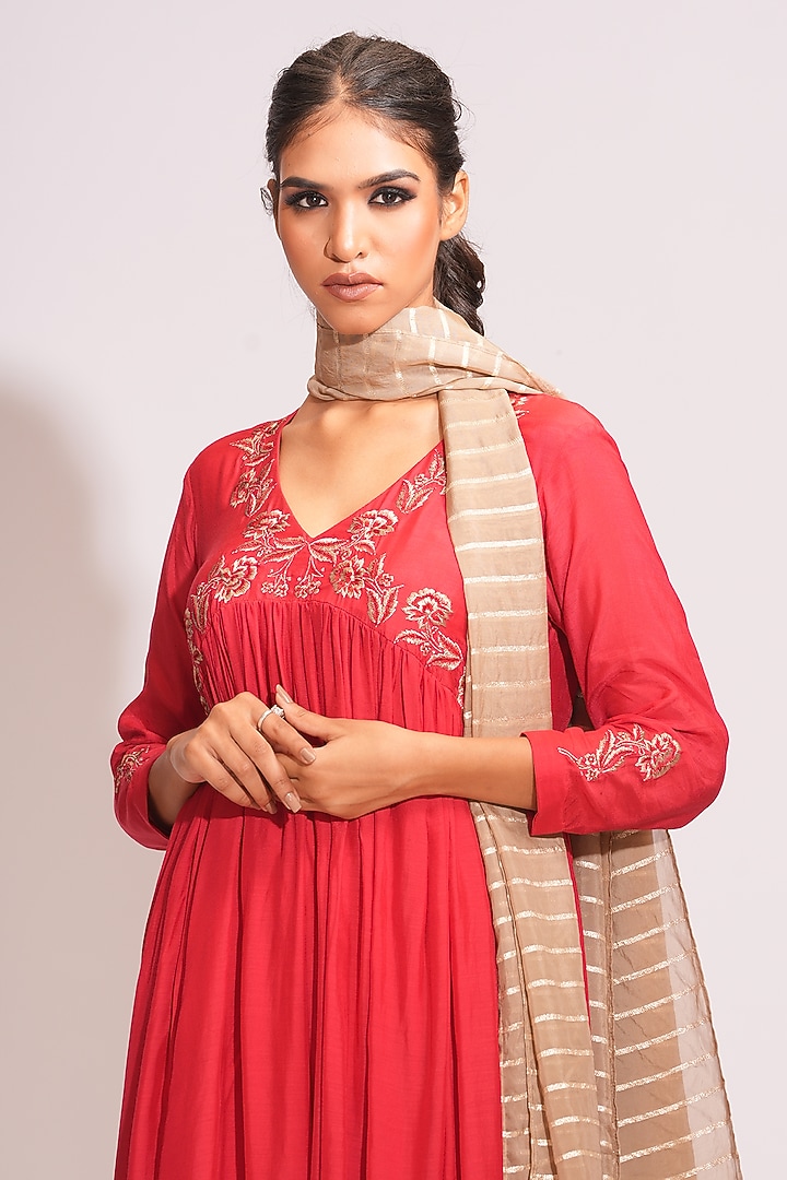 Tomato Red Mulmul Cotton Zari Embroidered Wedding Anarkali Set by Shruti S at Pernia's Pop Up Shop