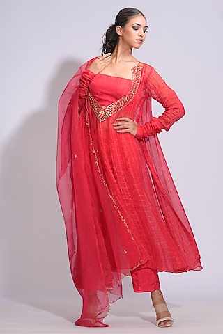 Tomato Red Soft Organza Zari Embroidered Anarkali Set by Shruti S