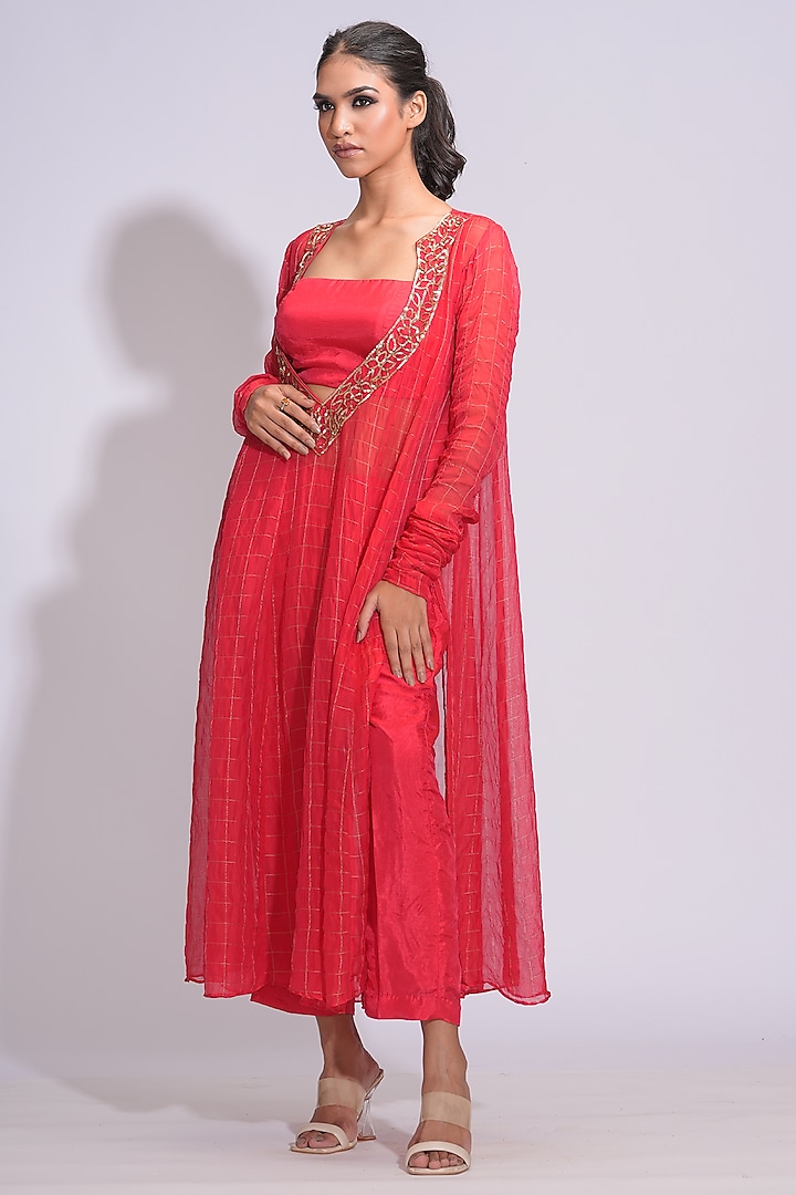 Tomato Red Soft Organza Zari Embroidered Wedding Anarkali Set by Shruti S at Pernia's Pop Up Shop
