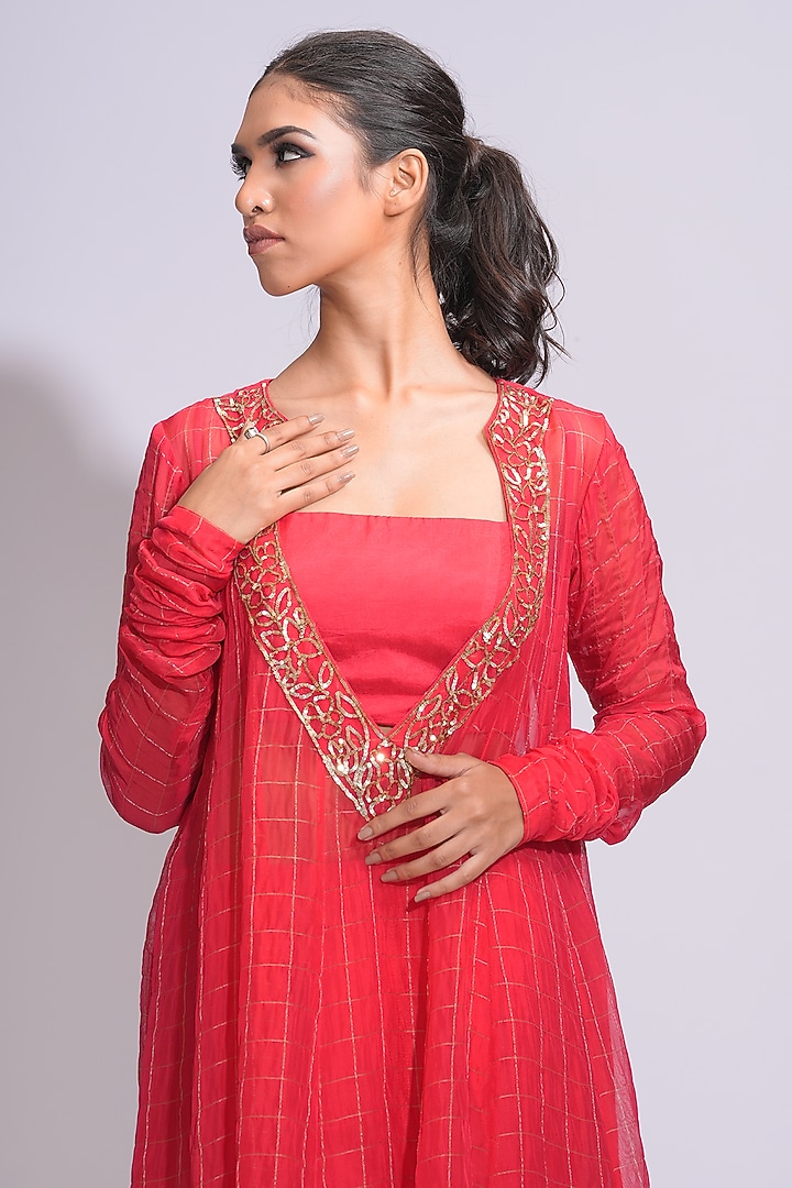 Tomato Red Soft Organza Zari Embroidered Wedding Anarkali Set by Shruti S at Pernia's Pop Up Shop