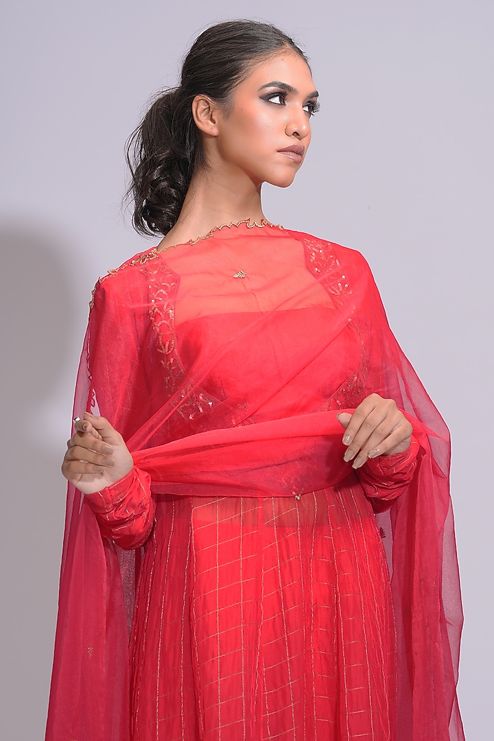 Tomato Red Soft Organza Zari Embroidered Wedding Anarkali Set by Shruti S at Pernia's Pop Up Shop