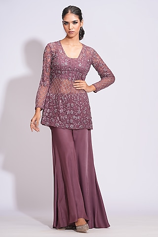 Wine Silk Satin Sharara Set by Shruti S