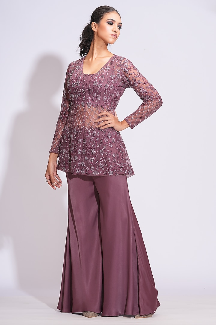 Wine Silk Satin Wedding Sharara Set by Shruti S at Pernia's Pop Up Shop