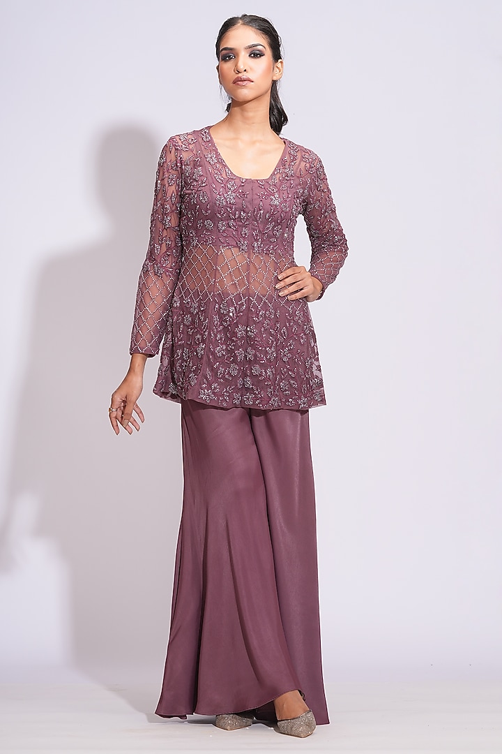 Wine Silk Satin Wedding Sharara Set by Shruti S at Pernia's Pop Up Shop