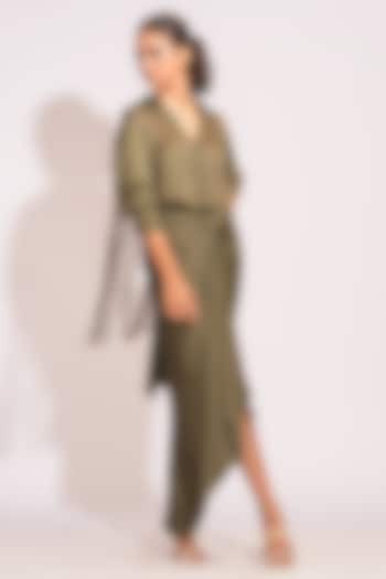 Olive Green Modal Satin Draped Skirt Set by Shruti S at Pernia's Pop Up Shop