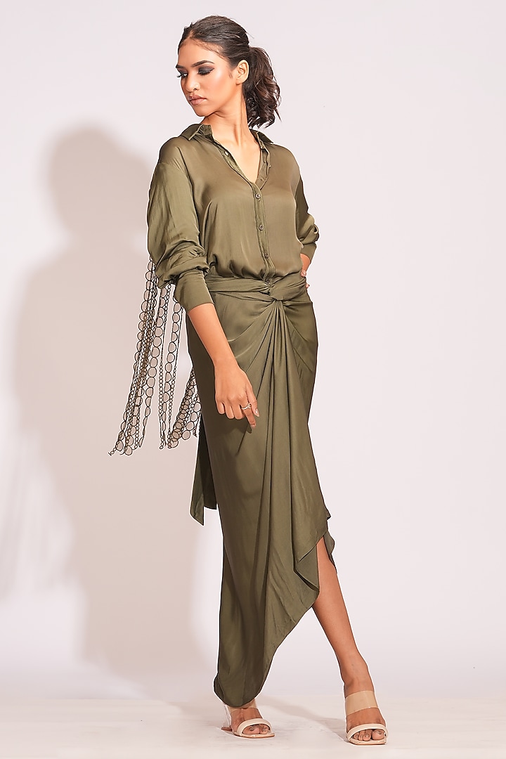 Olive Green Modal Satin Draped Skirt Set by Shruti S at Pernia's Pop Up Shop